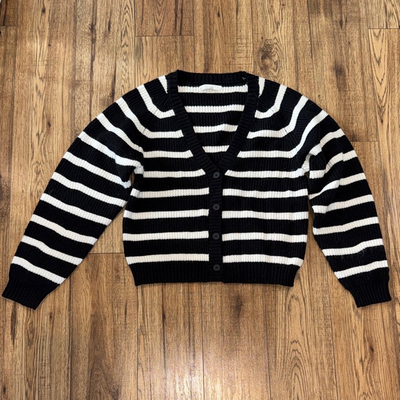 OAK + FORT Sweaters - OAK + FORT Black and White Striped Cardigan